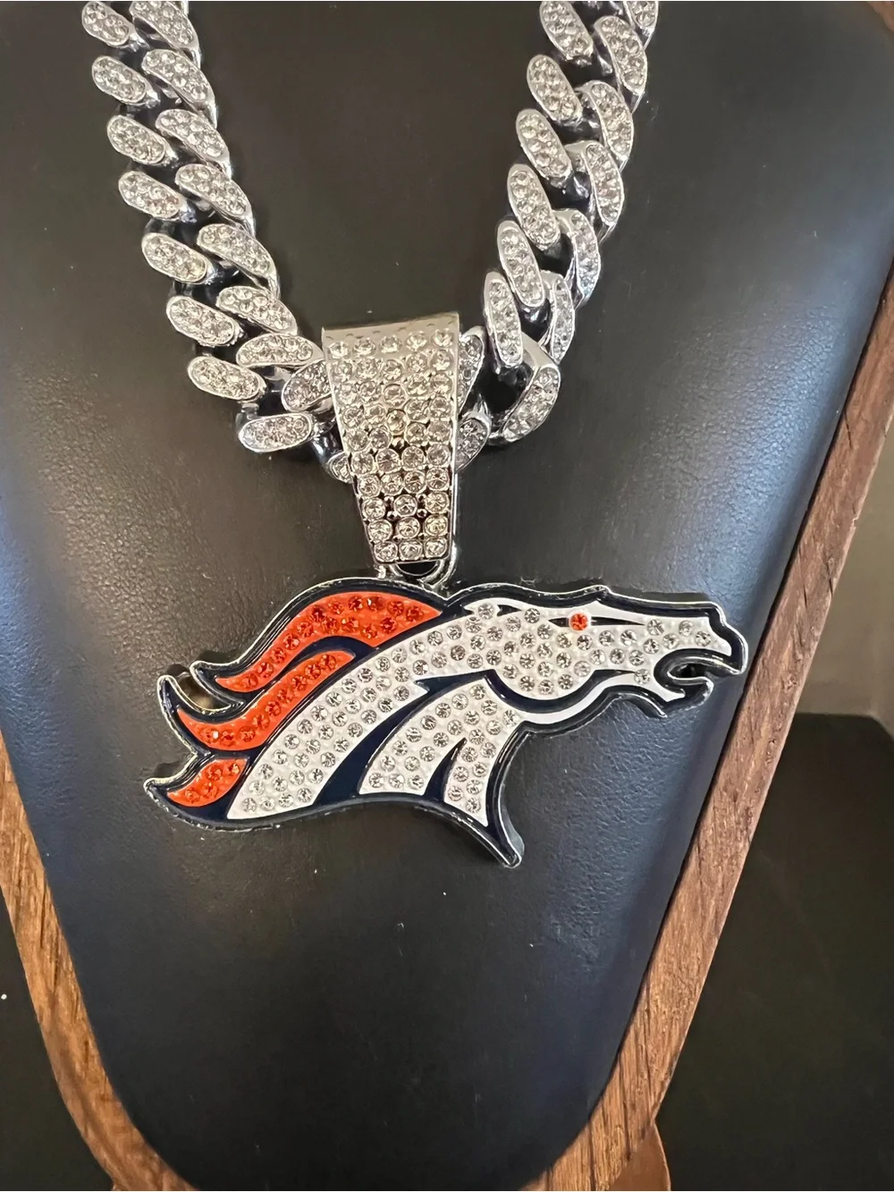 Denver Broncos Gem Chain Iced Out Pendant Silver NFL Fan Necklace